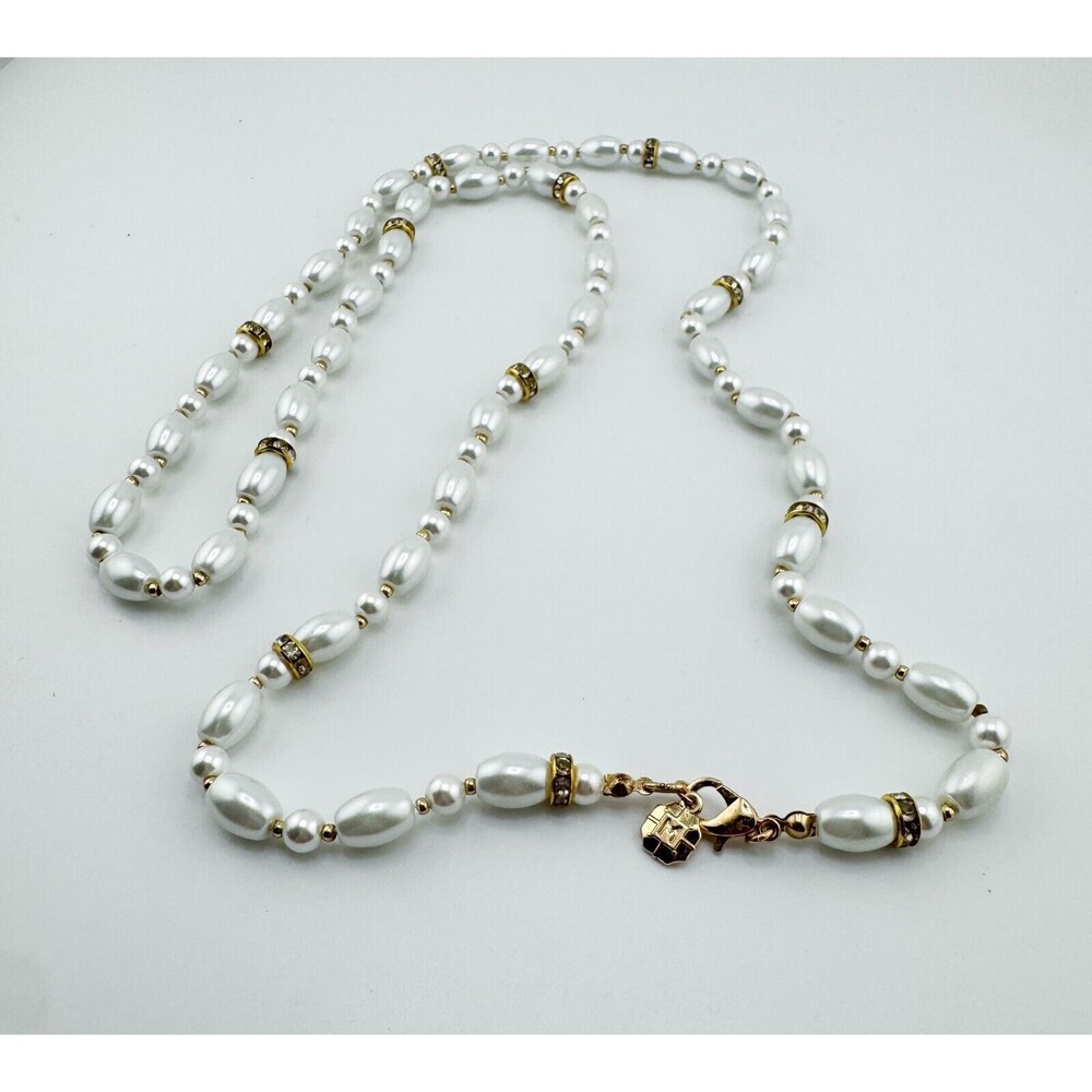 Vintage Monet Faux Rice Pearl Necklace Gold Tone Accents Rhinestone Retro Glam